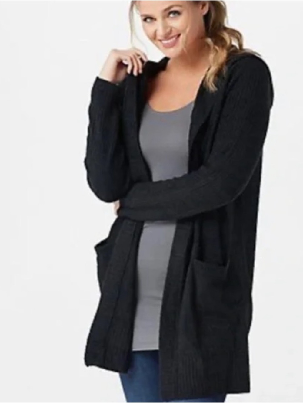 Barefoot Dreams Cozy Chic Lit Black Hoodie Cardigan Sweater size L/XL